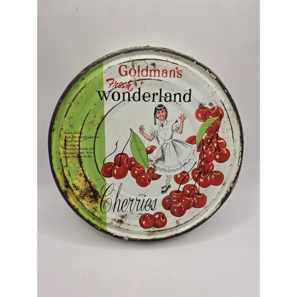 Vintage Goldman's Fresh Wonderland Cherries Sturgeon Bay WI 10" Metal Can Lid